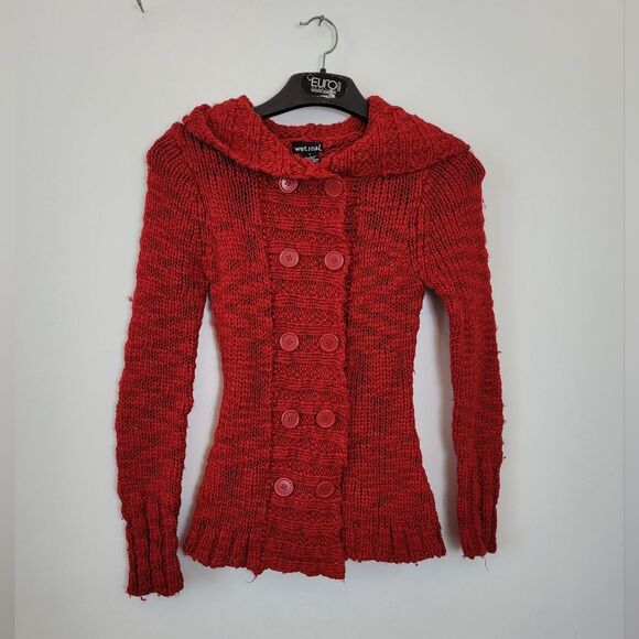 Vintage Y2K Wet Seal Wool Blend Cardigan Hooded Red Chunky Knit Buttons Small - Picture 5 of 10